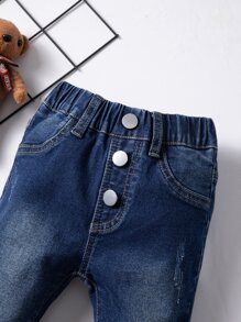 Baby Raw Trim Cat Scratch Asymmetrical Hem Jeans - Dark Wash - View 4