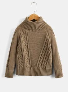Toddler Boys Turtleneck Raglan Sleeve Cable Knit Jumper - Mocha Brown - View 1