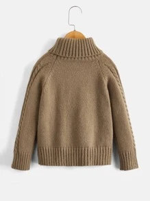 Toddler Boys Turtleneck Raglan Sleeve Cable Knit Jumper - Mocha Brown - View 2