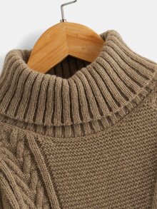 Toddler Boys Turtleneck Raglan Sleeve Cable Knit Jumper - Mocha Brown - View 3