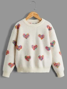 SHEIN Tween Girl Heart Pattern Drop Shoulder Sweater Kids Fall Sweaters Kids Girls Fall Sweaters Tween Girl Sweaters Kids Jumper