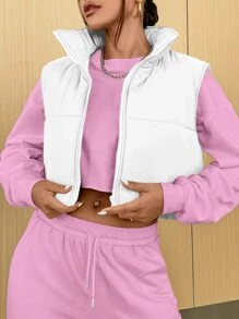 Muchica Sleeveless Zip Up Crop Padded Coat - White - View 1