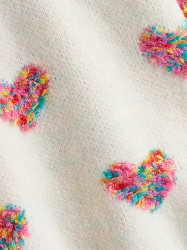 Suéter para Niñas Preadolescentes de Patrón de Corazones y Hombros Caídos - Beis - Añade 4