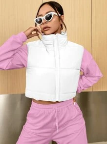 Muchica Sleeveless Zip Up Crop Padded Coat - White - View 5