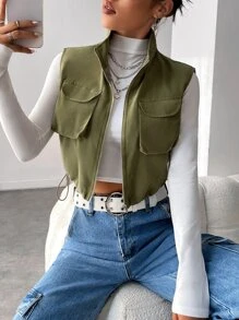 Muchica Flap Pocket Zip Up Drawstring Hem Vest Jacket - Army Green - View 1