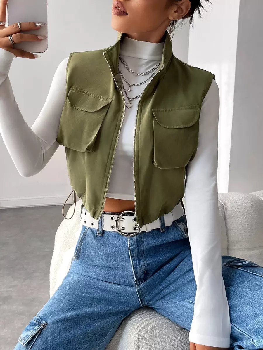 Muchica Flap Pocket Zip Up Drawstring Hem Vest Jacket - Army Green - View 1
