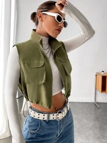 Muchica Flap Pocket Zip Up Drawstring Hem Vest Jacket - Army Green - View 3