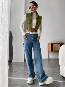 Muchica Flap Pocket Zip Up Drawstring Hem Vest Jacket - Army Green - View 4