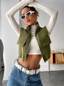 Muchica Flap Pocket Zip Up Drawstring Hem Vest Jacket - Army Green - View 5
