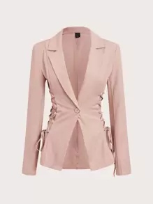 Muchica Áo khoác  âu phục nữ Nút Ren lên màu trơn Thanh lịch - Bụi hồng - Xem 5