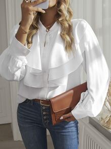 SHEIN Clasi 荷葉邊前排扣襯衫 - 白色 - 查看 3