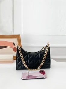 輕量商務休閒絎縫圖案鏈條法棍包適合青少年女孩女大學生、菜鳥和白領，非常適合辦公室、大學、工作、商務、通勤、戶外、旅行、郊遊 - 黑色 - 查看 3