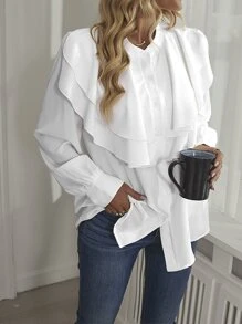 SHEIN Clasi 荷葉邊前排扣襯衫 - 白色 - 查看 5