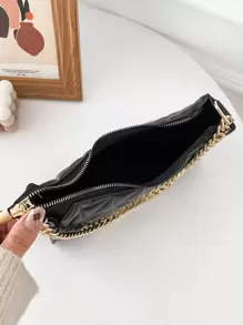 輕量商務休閒絎縫圖案鏈條法棍包適合青少年女孩女大學生、菜鳥和白領，非常適合辦公室、大學、工作、商務、通勤、戶外、旅行、郊遊 - 黑色 - 查看 6