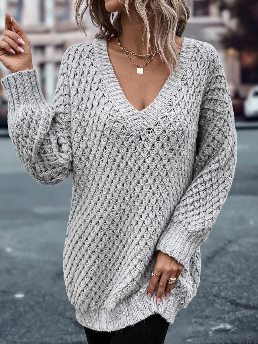 SHEIN LUNE Áo len cổ chữ V, vai rớt, kiểu dáng mùa thu đông. - Màu Xám nhạt - Xem 1