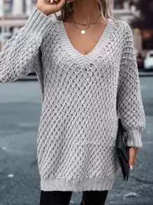 SHEIN LUNE Áo len cổ chữ V, vai rớt, kiểu dáng mùa thu đông. - Màu Xám nhạt - Xem 3