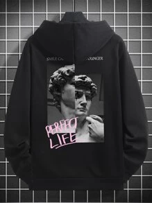 Manfinity Homme 男士標語和雕塑印花袋鼠口袋落肩抽繩連帽衫 - 黑色 - 查看 1