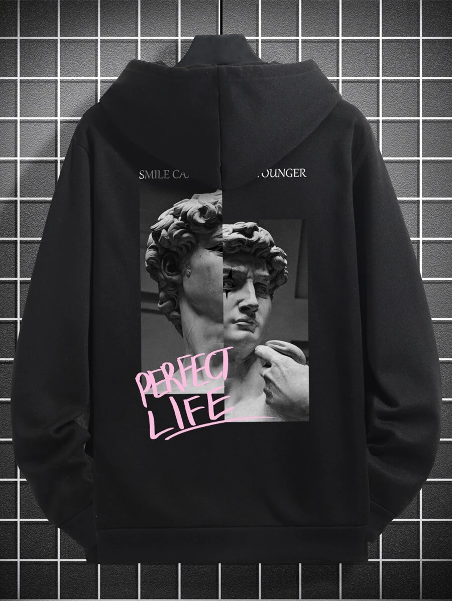 Manfinity Homme 男士標語和雕塑印花袋鼠口袋落肩抽繩連帽衫 - 黑色 - 查看 1