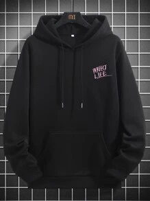 Manfinity Homme 男士標語和雕塑印花袋鼠口袋落肩抽繩連帽衫 - 黑色 - 查看 5