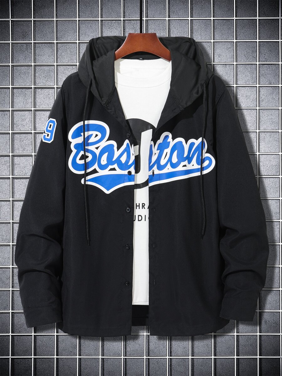 Manfinity Men Letter Graphic Drawstring Hooded Shirt Without Tee - Black - View 1