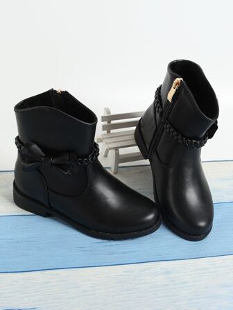 Girls' Fashion Side Zipper Boots, Children's Black Boots, Flat Low-Top Short Boots For Winter