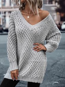 SHEIN LUNE Áo len cổ chữ V, vai rớt, kiểu dáng mùa thu đông. - Màu Xám nhạt - Xem 4