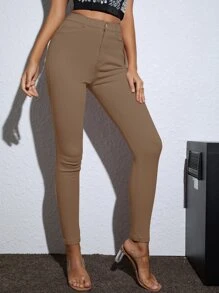 斜口袋高腰保暖緊身褲 - 卡其色 - 查看 1