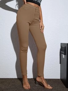 斜口袋高腰保暖緊身褲 - 卡其色 - 查看 4
