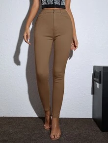 斜口袋高腰保暖緊身褲 - 卡其色 - 查看 5