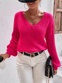 SHEIN Essnce Drop Shoulder V Neck Jumper - Hot Pink - View 1