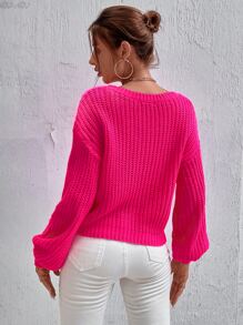 SHEIN Essnce Drop Shoulder V Neck Jumper - Hot Pink - View 2