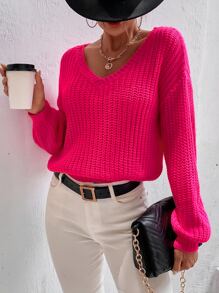 SHEIN Essnce Drop Shoulder V Neck Jumper - Hot Pink - View 4