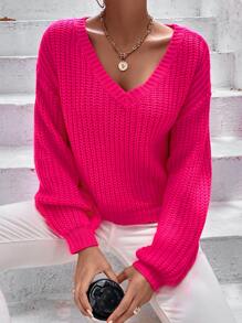 SHEIN Essnce Drop Shoulder V Neck Jumper - Hot Pink - View 5
