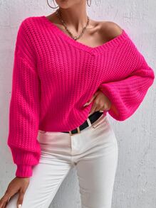 SHEIN Essnce Drop Shoulder V Neck Jumper - Hot Pink - View 6