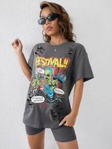 SHEIN EZwear 標語和樂器印花破洞落肩T恤和騎行褲 - 灰色 - 查看 3