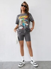 SHEIN EZwear 標語和樂器印花破洞落肩T恤和騎行褲 - 灰色 - 查看 4