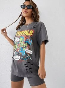 SHEIN EZwear 標語和樂器印花破洞落肩T恤和騎行褲 - 灰色 - 查看 5