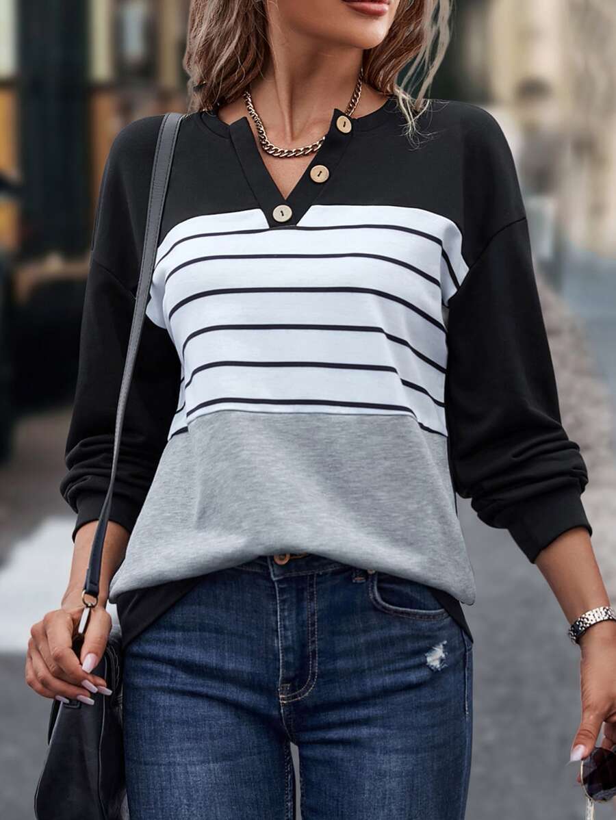 SHEIN LUNE Striped Print Colorblock Sweatshirt Pullover Fall - Multicolor - View 1