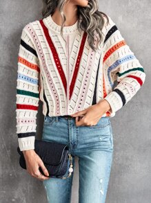 SHEIN LUNE Jersey con patrón de rayas combinadas de punto de malla de manga murciélago - Multicolor - Ver 1