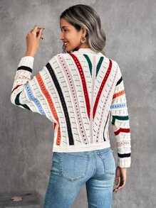 SHEIN LUNE Jersey con patrón de rayas combinadas de punto de malla de manga murciélago - Multicolor - Ver 2