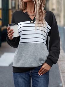 SHEIN LUNE Striped Print Colorblock Sweatshirt Pullover Fall - Multicolor - View 4