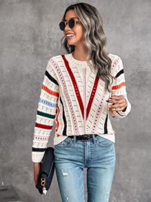 SHEIN LUNE Jersey con patrón de rayas combinadas de punto de malla de manga murciélago - Multicolor - Ver 3