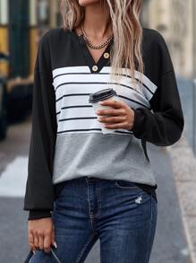 SHEIN LUNE Striped Print Colorblock Sweatshirt Pullover Fall - Multicolor - View 5