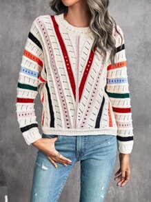 SHEIN LUNE Jersey con patrón de rayas combinadas de punto de malla de manga murciélago - Multicolor - Ver 6