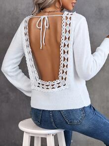 SHEIN Unity Guipure Lace Panel Tie Backless Jumper - White - View 2