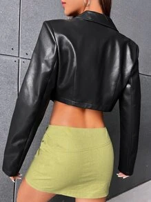 SHEIN Essnce Solid PU Leather Crop Blazer - Black - View 2
