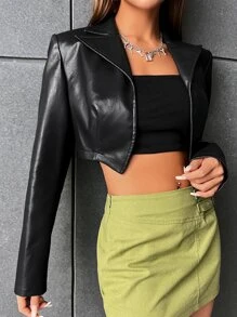 SHEIN Essnce Solid PU Leather Crop Blazer - Black - View 4
