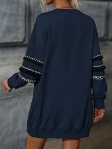 SHEIN LUNE Fringe Tape Drop Shoulder Sweatshirt Dress - Navy Blue - View 2
