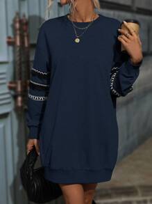 SHEIN LUNE Fringe Tape Drop Shoulder Sweatshirt Dress - Navy Blue - View 4