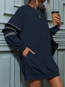 SHEIN LUNE Fringe Tape Drop Shoulder Sweatshirt Dress - Navy Blue - View 6